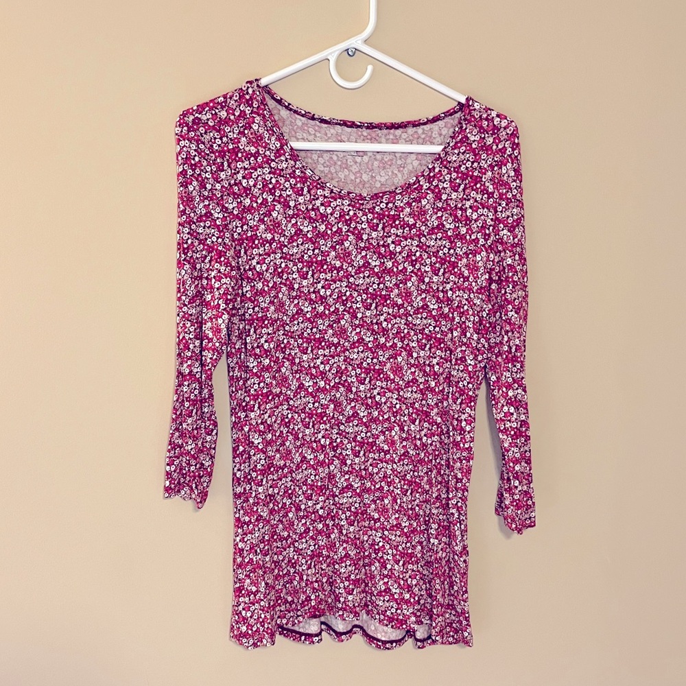 Lands' End 3/4 Sleeve Supima Cotton Crewneck Floral Pink Knit Tunic Top Shirt XS